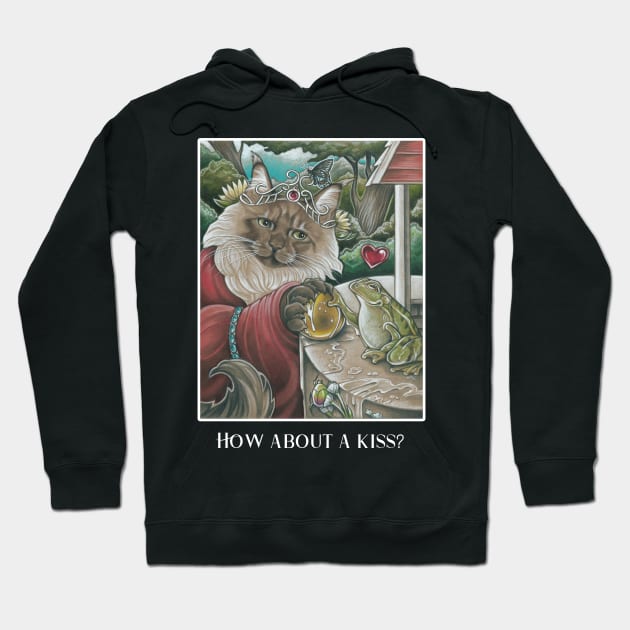 The Frog Princess Cat - How About A Kiss? - White Outlined Version Hoodie by Nat Ewert Art